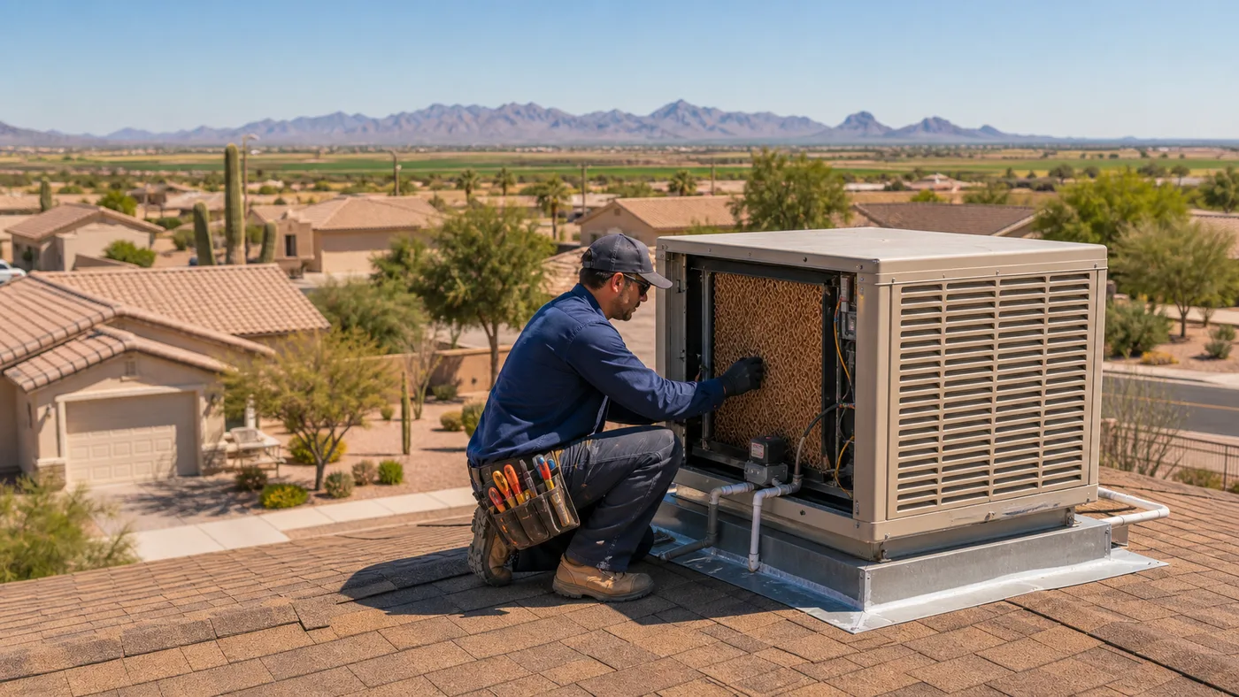 Technician servicing a rooftop evaporative cooler near Casa Grande, AZ