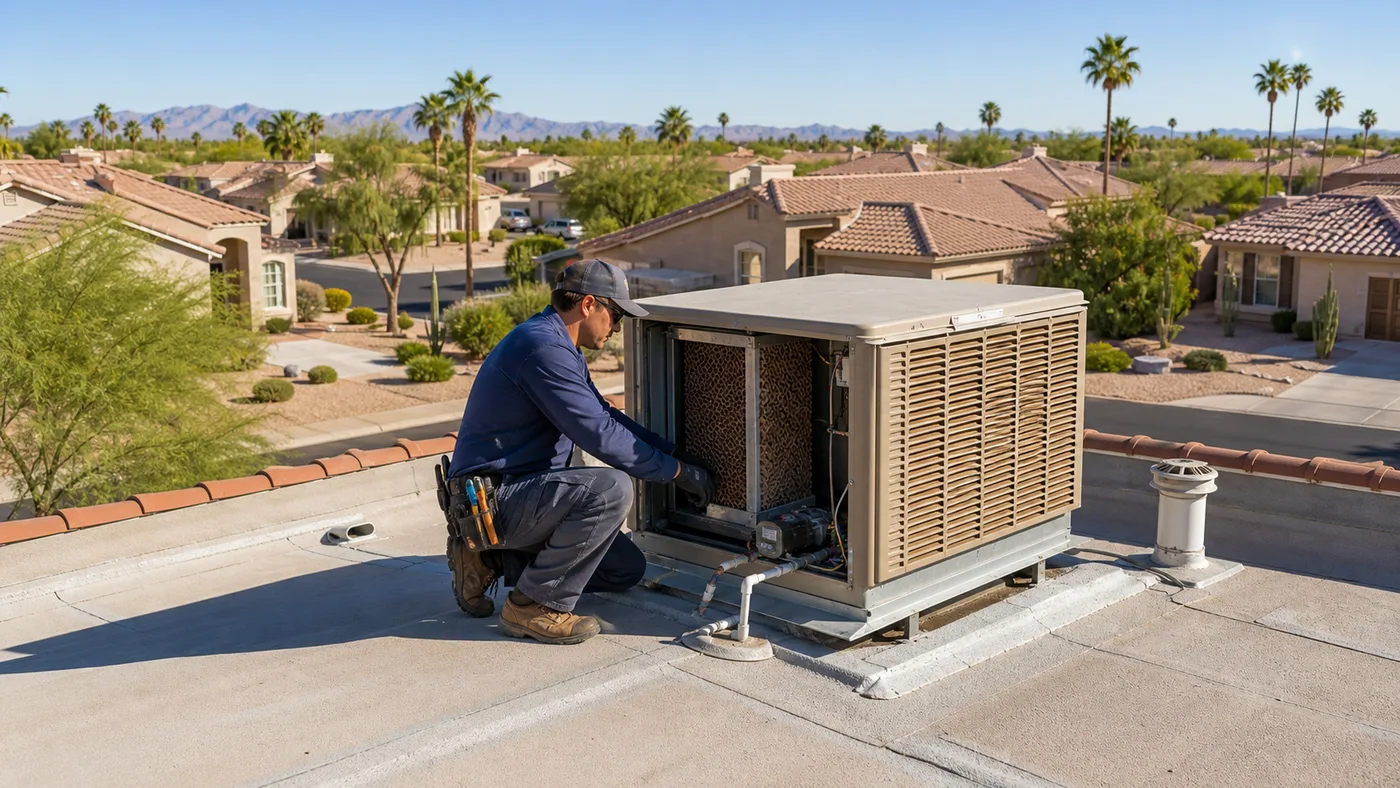Technician servicing a rooftop evaporative cooler near Chandler, AZ