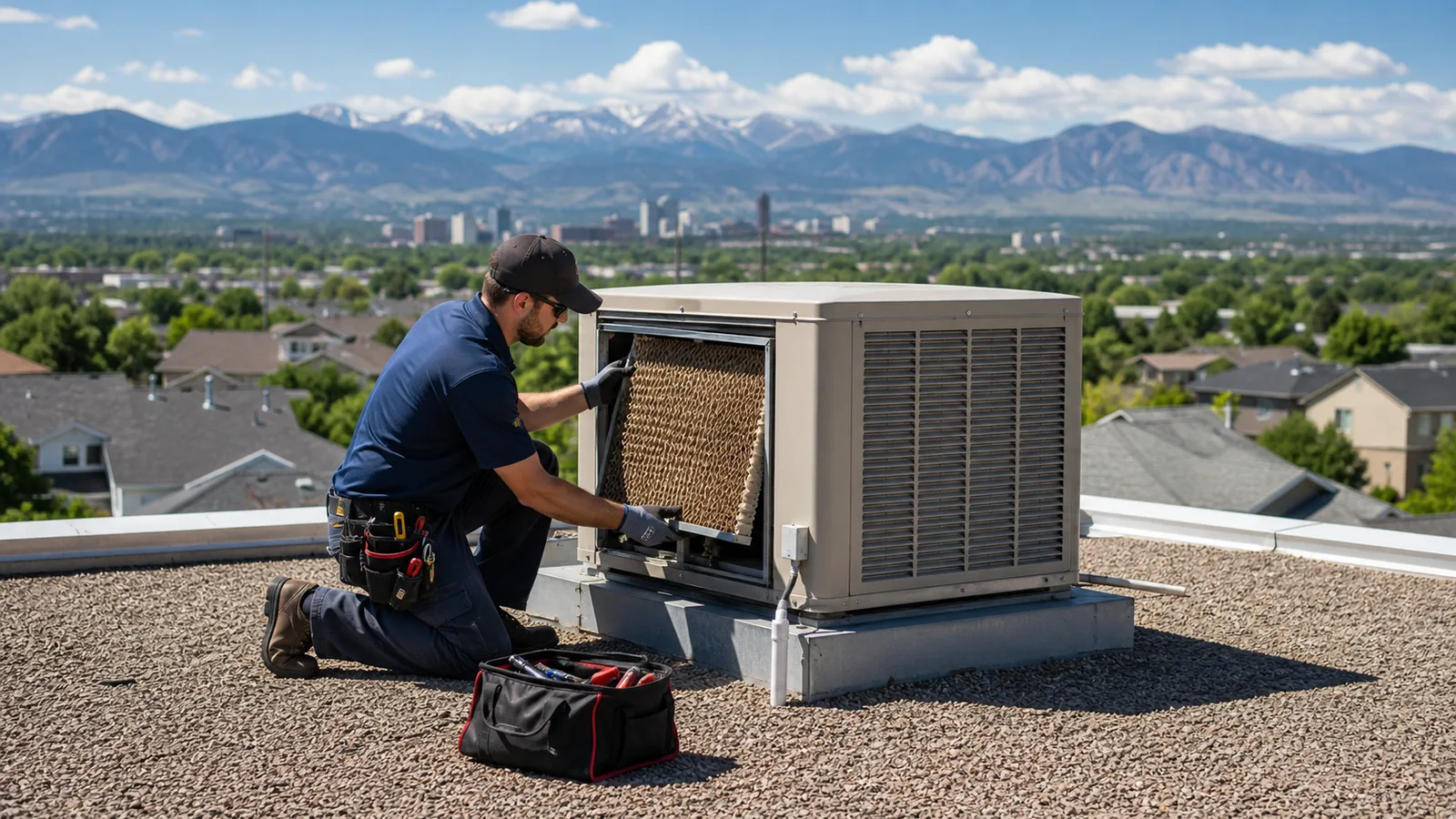 Technician servicing a rooftop evaporative cooler near Denver, CO