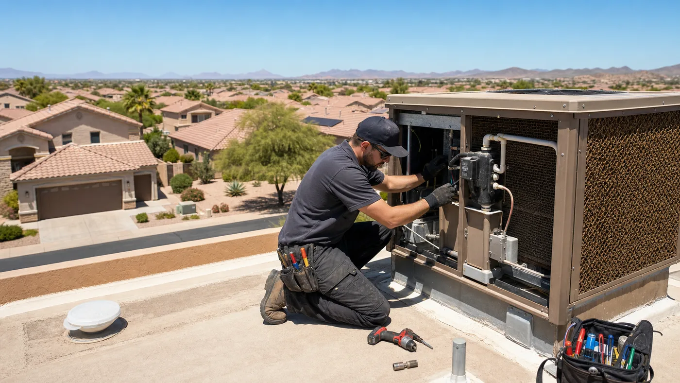 Technician servicing a rooftop evaporative cooler near Gilbert, AZ