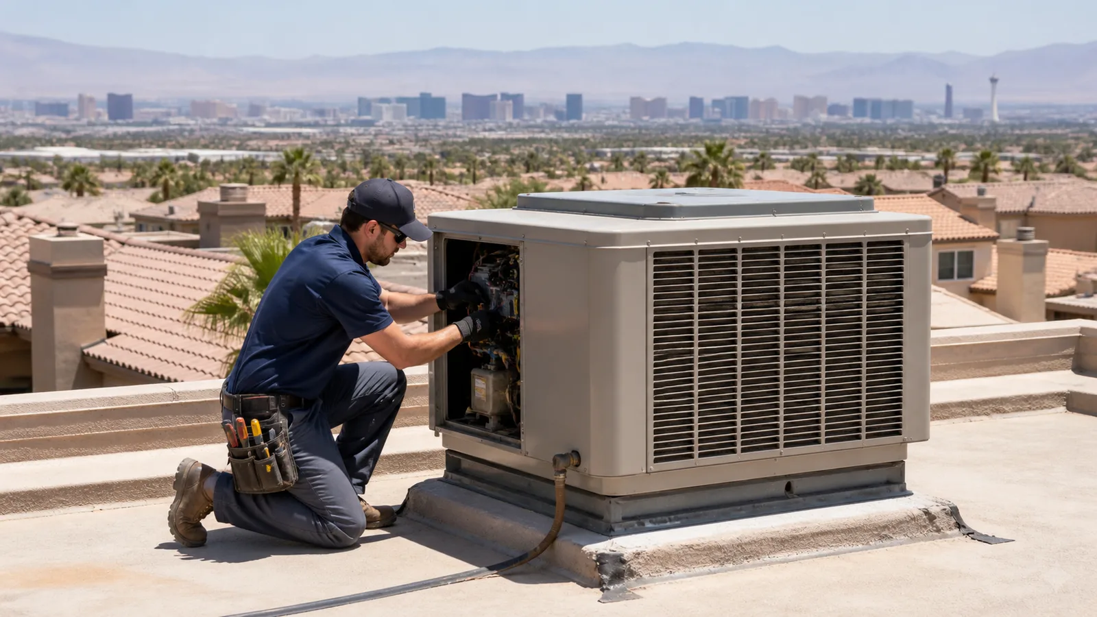 Technician servicing a rooftop evaporative cooler near Las Vegas, NV