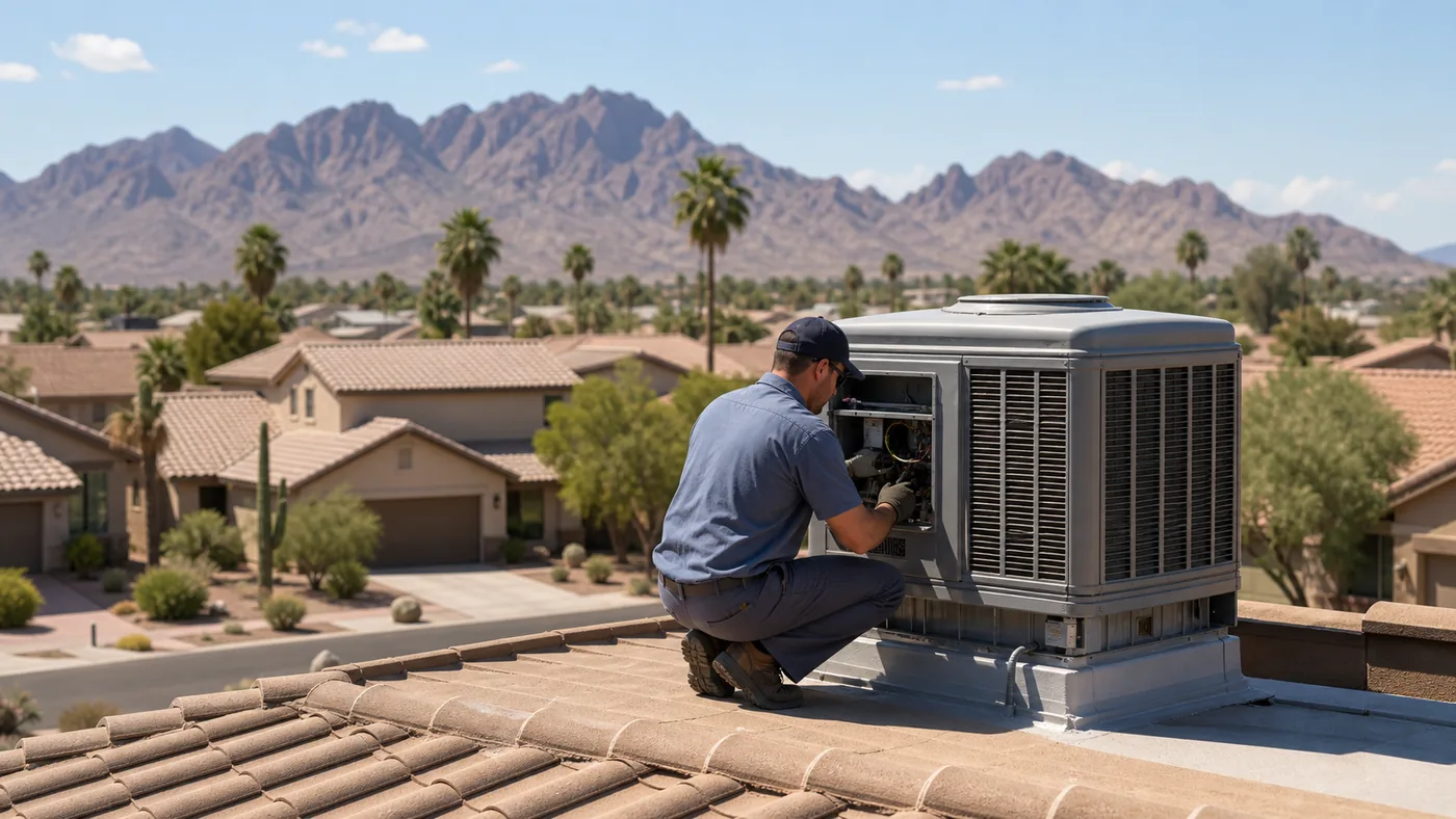 Technician servicing a rooftop evaporative cooler for a Mesa, AZ swamp cooler service request