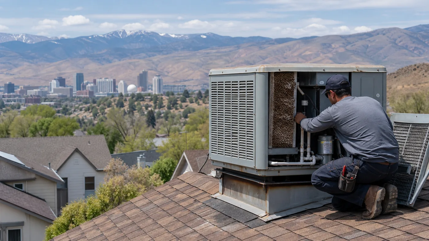 Technician servicing a rooftop evaporative cooler for a Reno, NV swamp cooler service request