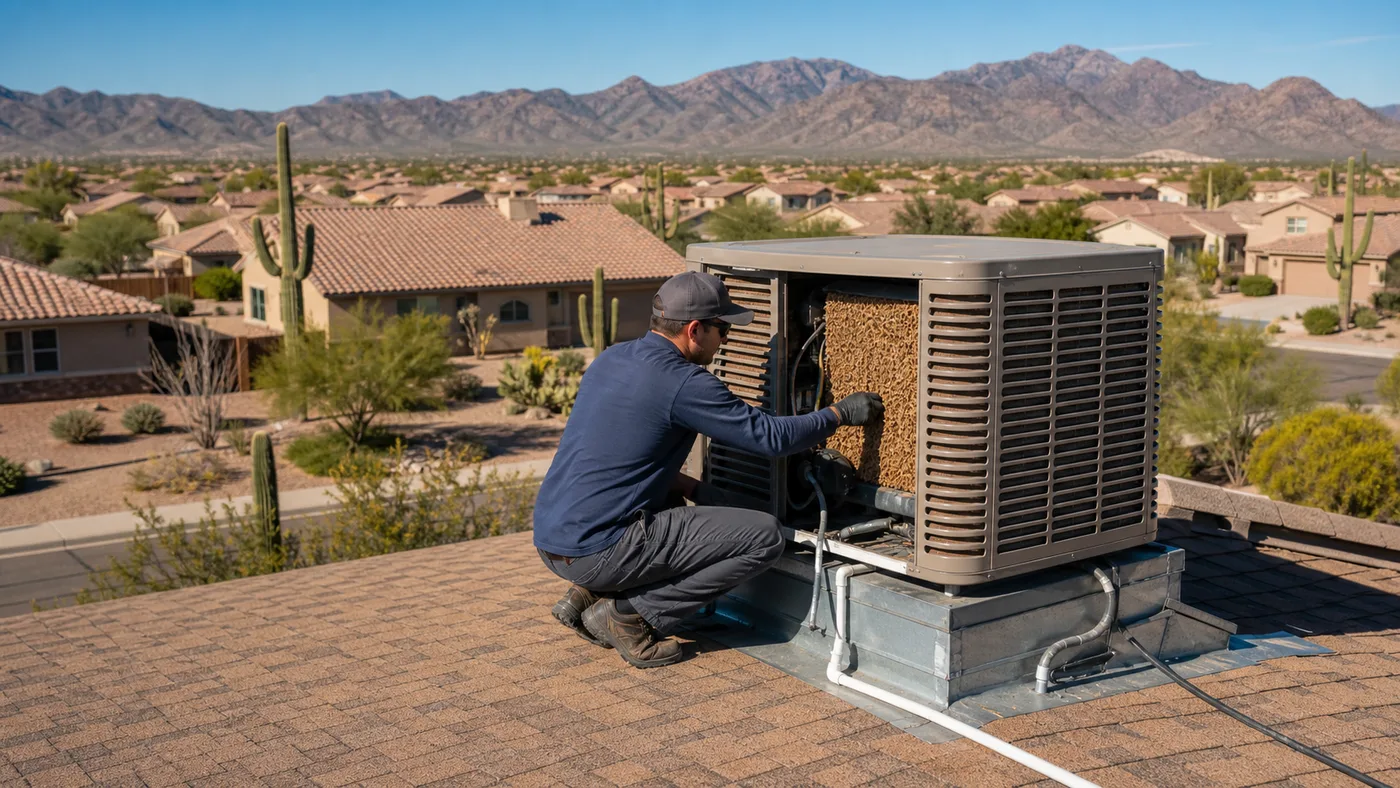 Technician servicing a rooftop evaporative cooler near Surprise, AZ