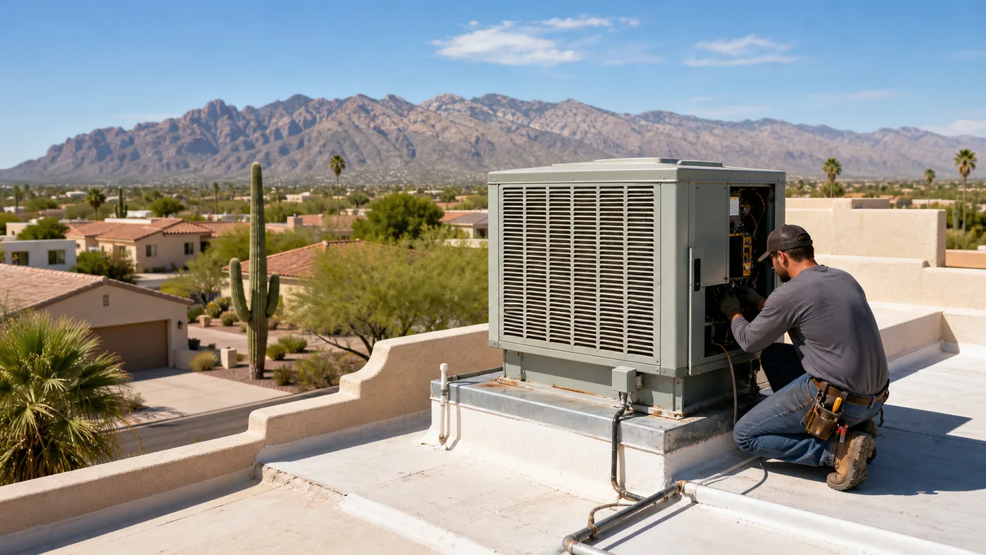 Technician servicing a rooftop evaporative cooler for a Tucson, AZ swamp cooler service request