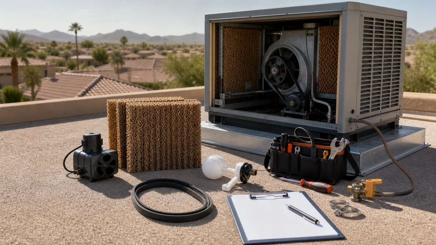 Swamp cooler repair parts and tools laid out near an open evaporative cooler