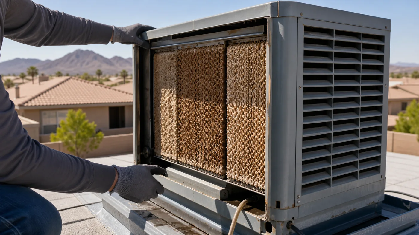 Open evaporative cooler with dry pads being checked