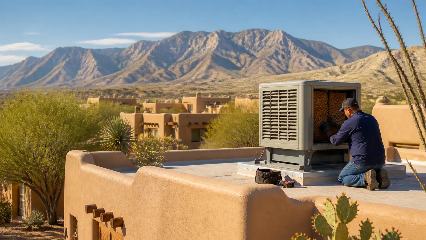 Technicians installing a rooftop evaporative cooler on a home in New Mexico
